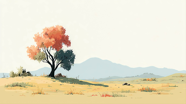 JPG 나무 컬러 잎 일러스트 자연 하늘 바람 날씨 산 거리 풍경 초원 초록색 주황색 시간 땅 조화 국내일러스트 AI일러스트 AI콘텐츠 자연요소 식물 생태계 파일형식