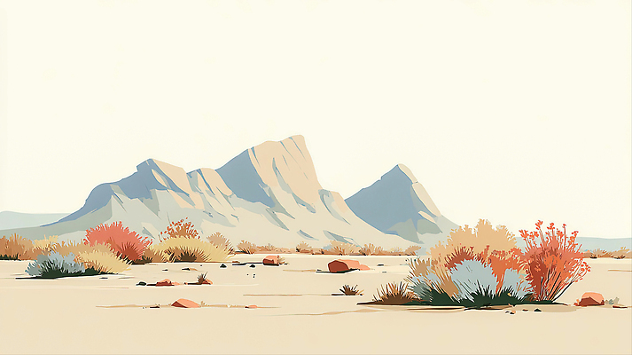 JPG 식물 컬러 일러스트 자연 하늘 바람 산 건조 풍경 여름 햇빛 환경 사막 돌_바위 땅 장면 지형 지리 경관 국내일러스트 AI일러스트 AI콘텐츠 자연요소 계절 날씨 태양 생태계 파일형식