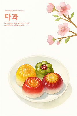 PSD 나무 전통 접시 꽃 예술 음식 컬러 일러스트 장신구 자연 디저트 한국 건강 과자 식사 전통음식 벚꽃 흰색 한과 다과 화과자 국내일러스트 식물 식기 아시아 생태계 파일형식
