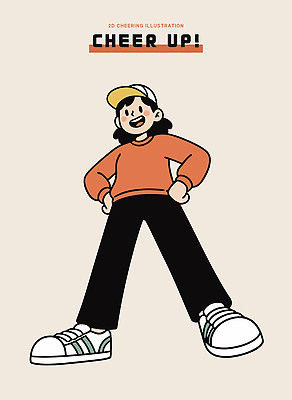 캐릭터 디자인 옷 스포츠 운동화 일러스트 모션 웃음 사람 친구 파이팅 주황색 기운 표현 즐거움 긍정적 스타일 국내일러스트 AI파일 감정 컬러 신발 관계 표정 파일형식 벡터