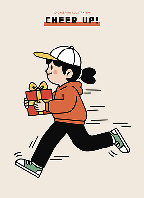 캐릭터 옷 감정 어린이 일러스트 모션 실내 선물 빨간색 상자 달리기 운동 주황색 흰색 즐거움 국내일러스트 AI파일 컬러 건강 사람 내부 파일형식 벡터