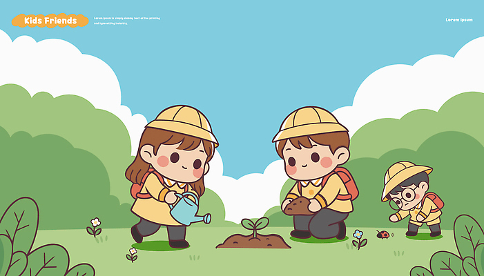 식물 동물 곤충 일러스트 모션 자연 놀이 협력 씨앗 초원 취미 여름 친구 환경 정원 흙 유치원생 성장 물주기 원예 심기 국내일러스트 AI파일 계절 어린이 관계 생태계 파일형식 벡터