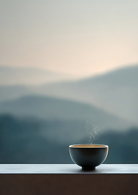 JPG 편집이미지 그릇 여유 음료 자연 탁자 아침 산 풍경 일상 안개 뜨거움 차 명상 편집실사 AI포토 AI콘텐츠 주간 식기 감정 가구 날씨 라이프 CG 생태계 파일형식