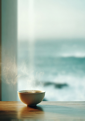 JPG 편집이미지 그릇 여유 음료 파도 바다 자연 탁자 아침 휴식 따뜻함 대화 풍경 해변 카페 차 수증기 명상 편집실사 AI포토 AI콘텐츠 주간 식기 감정 가구 컨셉 말하기 상점 CG 생태계 파일형식