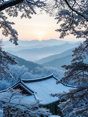 JPG 나무 편집이미지 설경 겨울 자연 아침 지붕 산 한옥 한국 풍경 태양 일출 고요 사찰 기와지붕 산맥 눈덮임 편집실사 주간 자연요소 식물 한국전통 계절 아시아 컨셉 고건축 종교건축 기와 노을 CG 생태계 파일형식