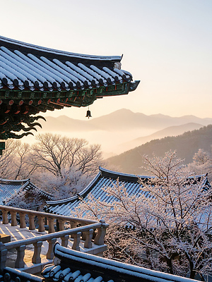 JPG 나무 편집이미지 전통 건축 벽 겨울 아침 지붕 산 한옥 한국 풍경 태양 고요 사찰 봉우리 기와지붕 눈덮임 편집실사 주간 자연요소 식물 한국전통 계절 아시아 컨셉 고건축 종교건축 기와 CG 파일형식