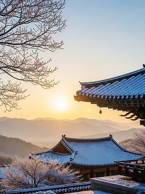 주간 자연요소 식물 한국전통 계절 아시아 컨셉 고건축 종교건축 지붕 기와 노을 인사 CG 생태계 파일형식 산 절 겨울 아침 태양 풍경 나무 일출 한국 전통 건축 자연 하늘 편집실사 편집이미지 JPG 눈덮임 기와지붕 사찰 한옥