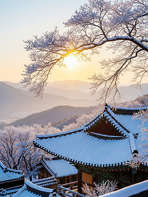 JPG 나무 편집이미지 겨울 자연 하늘 아침 지붕 산 한옥 풍경 태양 평화 일출 사찰 조용 기와지붕 기온 눈덮임 편집실사 주간 자연요소 식물 한국전통 계절 컨셉 고건축 종교건축 날씨 기와 노을 CG 생태계 파일형식