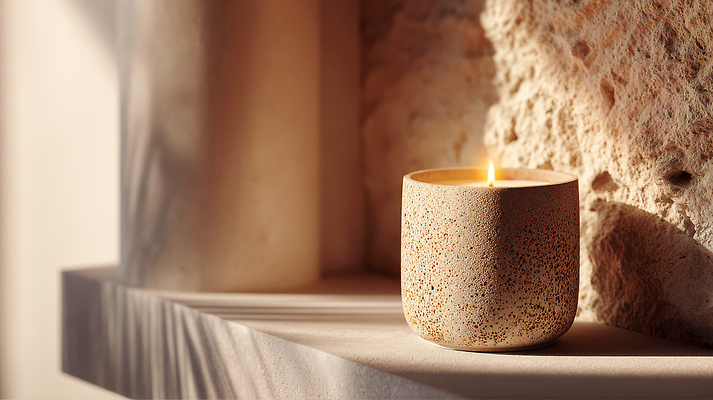 디자인 가구 컨셉 초 불 CG 파일형식 AI콘텐츠 촛불 벽 선반 공간 불꽃 장면 오브젝트 조명 인테리어 분위기 심플 석회석 편집실사 편집이미지 JPG 감성 AI포토