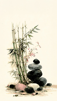 JPG 식물 디자인 꽃 예술 잎 일러스트 자연 원근감 돌_바위 대나무 흰배경 그림 조경 조화 정물화 국내일러스트 나무 뷰포인트 백그라운드 흰색 생태계 파일형식