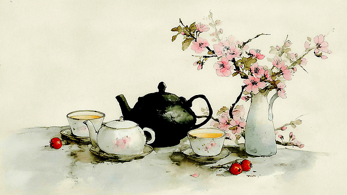 JPG 전통 꽃 음료 일러스트 자연 탁자 주전자 아침 실내 사람 일상 컵 세트 다양 모임 벚꽃 상차림 오후 국내일러스트 주간 식물 식기 가구 다수 주방용품 내부 라이프 생태계 파일형식