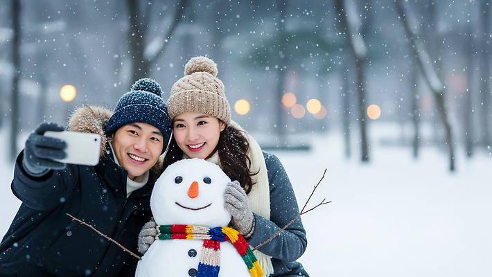 JPG 나무 편집이미지 공원 여자 남자 행복 겨울 눈사람 야외 장식 빛 셀프카메라 즐거움 의료성형뷰티 눈덮임 편집실사 식물 계절 공공시설 감정 컨셉 사람 사진촬영 CG 파일형식