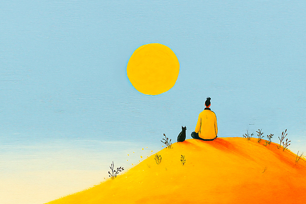 JPG 동물 응시 여유 일러스트 모션 자연 함께함 사람 앉기 풍경 햇빛 태양 노란색 일출 고양이 산책 공간 언덕 국내일러스트 자연요소 시선 감정 컬러 컨셉 포유류 휴식 반려동물 노을 생태계 파일형식