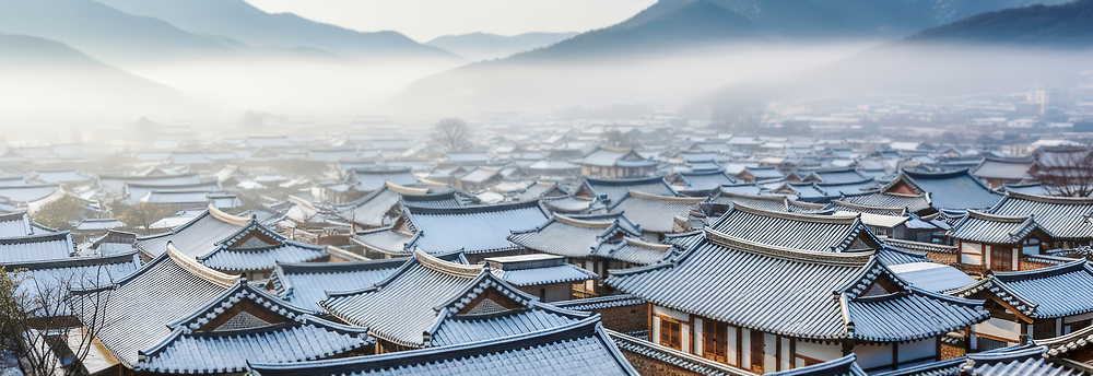 JPG 편집이미지 전통 건축 문화 겨울 자연 아침 지붕 산 한옥 한국 풍경 마을 고요 안개 눈덮임 편집실사 주간 한국전통 계절 아시아 컨셉 고건축 날씨 CG 생태계 파일형식