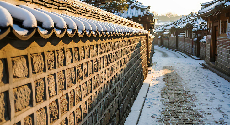 JPG 편집이미지 전통 여행 겨울 아침 거리 한옥 한국 풍경 햇빛 마을 산책 역사 오솔길 기와지붕 눈덮임 편집실사 주간 한국전통 계절 아시아 길 컨셉 고건축 지붕 휴식 기와 태양 CG 파일형식