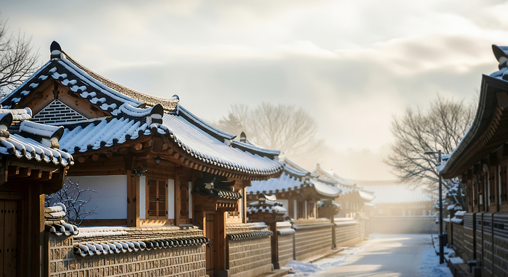 JPG 나무 편집이미지 전통 건축 길 겨울 아침 거리 한옥 한국 사람 풍경 햇빛 걷기 구경 눈덮임 편집실사 주간 식물 한국전통 계절 아시아 컨셉 고건축 모션 태양 CG 파일형식