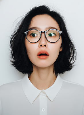 헤어스타일 시선 잡화 감정 뷰포인트 컬러 상의 표정 사람 신체부위 CG 파일형식 여자 안경 놀람 흰색 셔츠 앞모습 백그라운드 응시 스타일 얼굴 포즈 편집실사 JPG 편집이미지 단발머리 의료성형뷰티