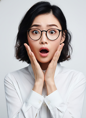 헤어스타일 잡화 감정 컬러 표정 사람 신체부위 전자제품 CG 파일형식 여자 놀람 안경 손 카메라 긴머리 백그라운드 촬영 얼굴 장면 옷 편집실사 JPG 편집이미지 단발머리 흰색 의료성형뷰티