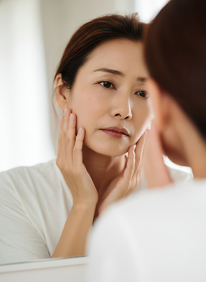 JPG 편집이미지 여자 얼굴 중년 조명 관리 일상 뷰티 반사 거울 시간 집중 피부 스킨케어 의료성형뷰티 편집실사 AI인물포토 AI콘텐츠 컨셉 사람 성인 라이프 신체부위 CG 파일형식 AI포토