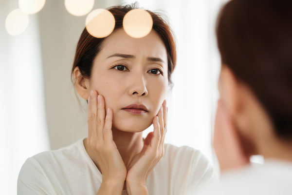 JPG 편집이미지 손 여자 얼굴 중년 조명 표정 일상 뷰티 반사 거울 집중 피부 고민 스킨케어 의료성형뷰티 편집실사 AI인물포토 AI콘텐츠 감정 컨셉 사람 성인 라이프 신체부위 CG 파일형식 AI포토