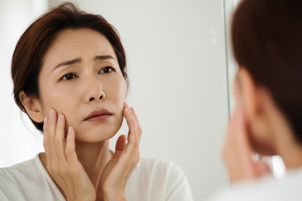 주간 사람 성인 건물 신체부위 CG 파일형식 여자 거울 얼굴 피부 확인 아침 주택 손 반사 경고 감정 편집실사 JPG 편집이미지 의료성형뷰티 중년