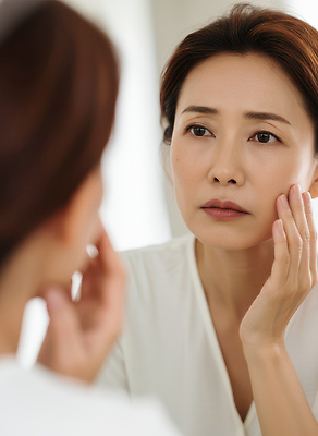 주간 비즈니스 사람 성인 라이프 신체부위 뷰티 CG 파일형식 거울 얼굴 여자 피부 주름 표정 아침 자기관리 일상 사무실 스킨케어 건강 편집실사 JPG 편집이미지 의료성형뷰티 중년