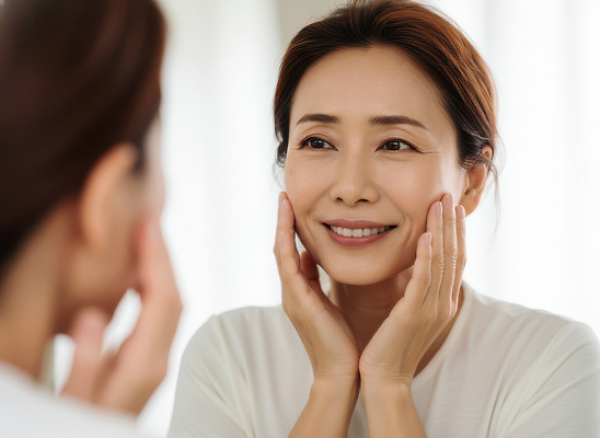 감정 표정 사람 성인 라이프 신체부위 감각 CG 파일형식 여자 거울 얼굴 미소 조명 행복 편안함 자기관리 뷰티 피부 반사 일상 웃음 편집실사 JPG 편집이미지 의료성형뷰티 중년