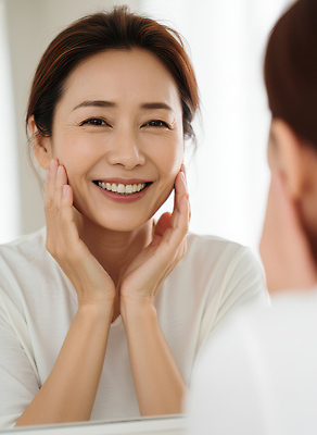 주간 감정 표정 사람 성인 라이프 신체부위 CG 파일형식 여자 거울 미소 피부 행복 손 얼굴 아침 일상 반응 확인 포즈 편집실사 JPG 편집이미지 의료성형뷰티 중년