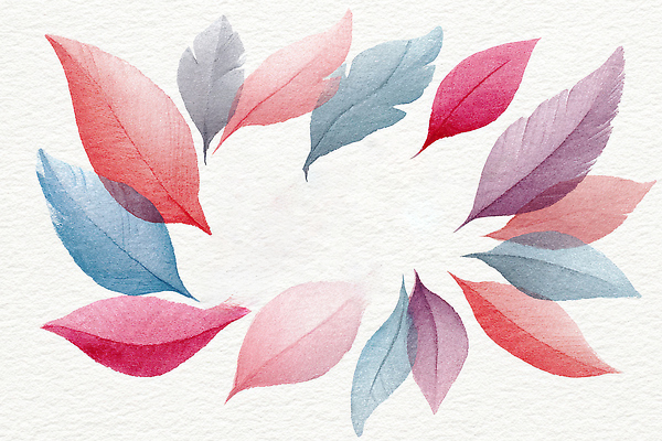 JPG 모양 식물 디자인 예술 컬러 백그라운드 잎 일러스트 자연 나뭇잎 수채화 장식 빨간색 파란색 보라색 물감 원형 배열 그림 국내일러스트 도형 미술도구 생태계 파일형식