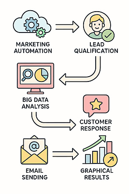 일러스트 통계 커뮤니케이션 그래프 그래픽 자료 정보 업무 이메일 결과 고객 분석 확인 전략 과정 전송 개선 마케팅 반응 소프트웨어 자동화 효과 국내일러스트 AI파일 컨셉 작업 파일형식 벡터
