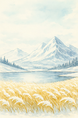 JPG 호수 여행 겨울 일러스트 자연 하늘 산 풍경 초원 물 파란색 반사 설원 소리 고요 산책 금색 탐험 차가움 숲 국내일러스트 AI일러스트 AI콘텐츠 자연요소 계절 컬러 휴식 눈_날씨 생태계 파일형식