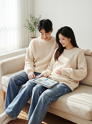 JPG 편집이미지 부부 커플 가족 신혼부부 주택 이야기 대화 일상 소파 태블릿 햇빛 임산부 임신 방 정보 아기 편안함 태아 신혼생활 정책 의료성형뷰티 편집실사 AI인물포토 AI콘텐츠 의자 관계 말하기 사람 건물 라이프 전자제품 스마트기기 태양 감각 CG 신혼 파일형식 AI포토