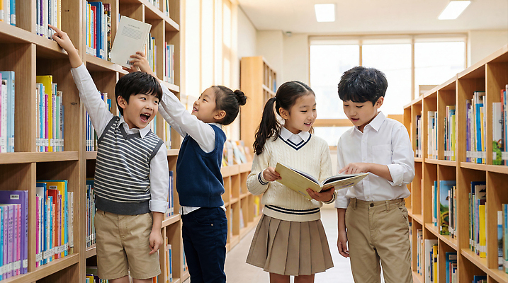 JPG 편집이미지 교육 행복 초등학생 어린이 모션 책장 책 친구 학습 독서 자료 모임 정보 도서관 신학기 의료성형뷰티 편집실사 AI인물포토 AI콘텐츠 학생 감정 가구 관계 사람 CG 파일형식 AI포토