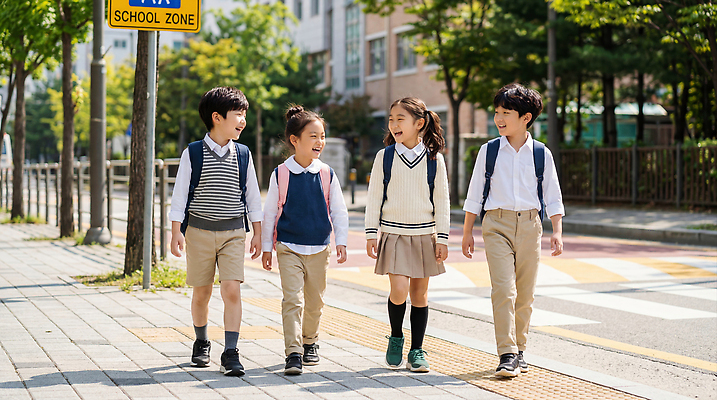 학생 잡화 옷 계절 교육 신발 관계 모션 알림판 사람 도시 CG 파일형식 학교 걷기 친구 가방 도심 표지판 어린이 운동화 교복 여름 오후 편집실사 편집이미지 JPG 초등학생 신학기 의료성형뷰티
