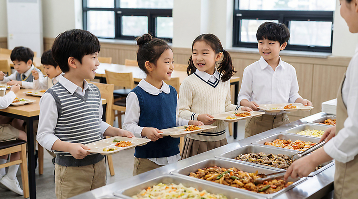 JPG 편집이미지 학생 교육 초등학생 어린이 줄 학교 쟁반 대화 친구 식당 식사 즐거움 신학기 점심 급식 급식소 의료성형뷰티 편집실사 AI인물포토 AI콘텐츠 감정 관계 말하기 사람 상점 CG 파일형식 AI포토