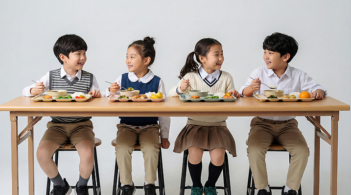 JPG 편집이미지 초등학생 음식 채소 학교 탁자 육류 대화 웃음 친구 식사 쌀 즐거움 신학기 점심 나누기 의료성형뷰티 맛있는 편집실사 AI인물포토 AI콘텐츠 학생 교육 감정 가구 식재료 관계 곡류 표정 말하기 사람 CG 파일형식 AI포토