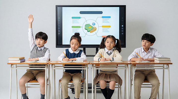 JPG 편집이미지 학생 교육 초등학생 어린이 교실 수업 대화 책 학습 컴퓨터 필기구 손들기 교사 질문 집중 신학기 화이트보드 의료성형뷰티 편집실사 AI인물포토 AI콘텐츠 직업 컨셉 학교 모션 문구용품 말하기 사람 전자제품 CG 파일형식 AI포토