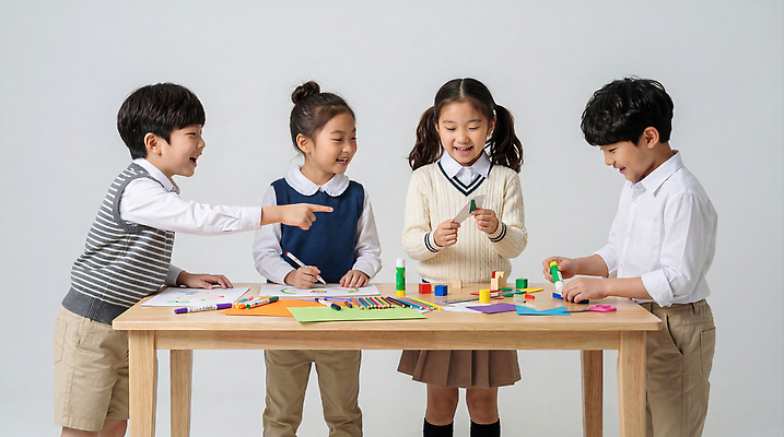 JPG 편집이미지 초등학생 컬러 모션 놀이 탁자 색연필 대화 웃음 학습 펜 블록 신학기 그림 색종이 창의성 의료성형뷰티 편집실사 AI인물포토 AI콘텐츠 학생 교육 종이 가구 학용품 표정 말하기 사람 필기구 CG 파일형식 AI포토