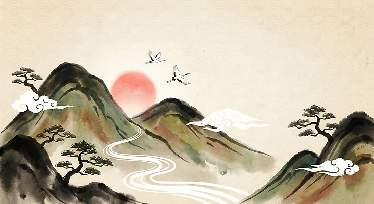 JPG 나무 전통 명절 예술 선 컬러 일러스트 자연 조류 하늘 새해 산 풍경 강 태양 평화 일출 동양화 그림 조화 산수화 스타일 국내일러스트 자연요소 식물 동물 기념일 컨셉 미술 노을 생태계 파일형식