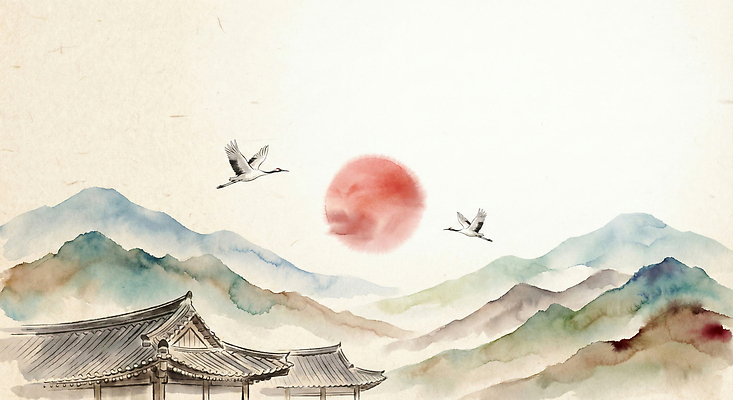 JPG 전통 건축물 명절 예술 상징 일러스트 자연 하늘 새해 산 한국 풍경 태양 평화 일출 물감 학 비행 저녁 그림 산수화 국내일러스트 자연요소 기념일 건축 아시아 컨셉 조류 노을 미술도구 야간 동양화 생태계 파일형식