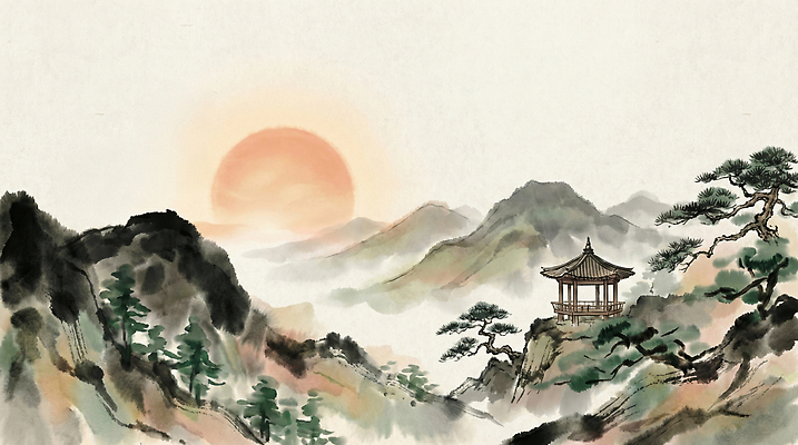 JPG 나무 전통 명절 예술 여행 일러스트 자연 하늘 새해 산 풍경 건물 태양 일출 주황색 고요 일몰 안개 저녁 동양화 힐링 조화 산수화 국내일러스트 자연요소 식물 건축물 기념일 컬러 날씨 미술 노을 야간 생태계 파일형식