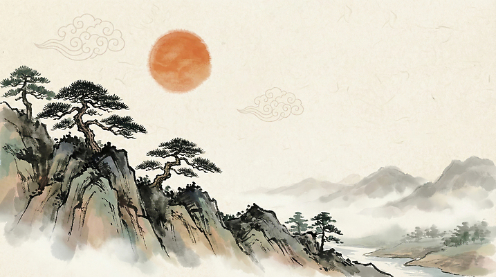 JPG 나무 전통 명절 감정 일러스트 자연 바람 새해 산 풍경 강 태양 일출 고요 일몰 저녁 숲 그림 한국화 조화 산수화 국내일러스트 자연요소 식물 기념일 날씨 노을 야간 동양화 생태계 파일형식