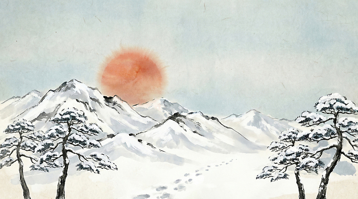 JPG 나무 동물 전통 명절 컬러 겨울 일러스트 자연 하늘 아침 새해 산 풍경 태양 일출 환경 고요 발자국 조용 지역 산수화 국내일러스트 주간 자연요소 식물 계절 기념일 자국 노을 동양화 생태계 파일형식