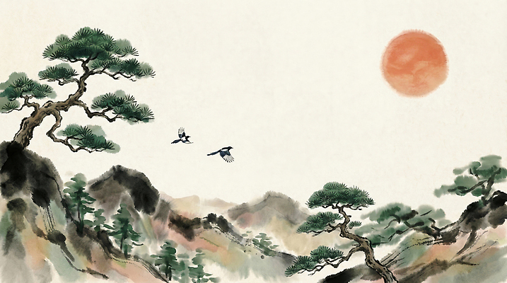 JPG 나무 전통 명절 일러스트 자연 조류 하늘 바람 새해 산 풍경 태양 평화 일출 소리 비행 그림 산수화 산맥 국내일러스트 자연요소 식물 동물 기념일 컨셉 날씨 노을 동양화 생태계 파일형식