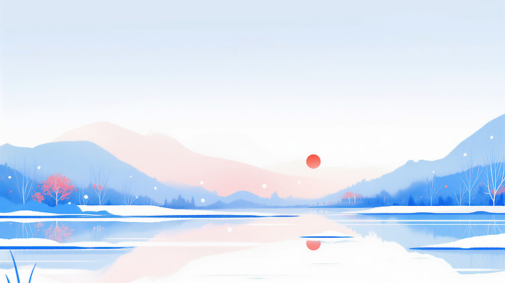 JPG 나무 명절 호수 겨울 일러스트 자연 하늘 아침 새해 산 풍경 빨간색 물 파란색 반사 일출 얼음 공간 시간 수면 숲 조용 국내일러스트 AI일러스트 AI콘텐츠 주간 자연요소 식물 전통 계절 기념일 컬러 노을 생태계 파일형식