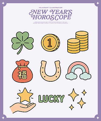 기념일 행복 별 상징 컬러 무지개 일러스트 새해 복주머니 동전 축제 운세 부자 행운 클로버 그림 금화 말발굽 스타일 국내일러스트 AI파일 자연요소 감정 컨셉 돈 전통소품 이벤트 황금 파일형식 벡터