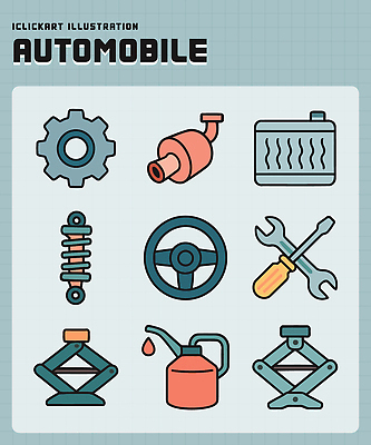 일러스트 자동차 기계 도구 스패너 작업 부속품 수리 핸들 잭 기어 라디에이터 차량점검 국내일러스트 AI파일 육상교통 공구 오브젝트 점검 파일형식 벡터