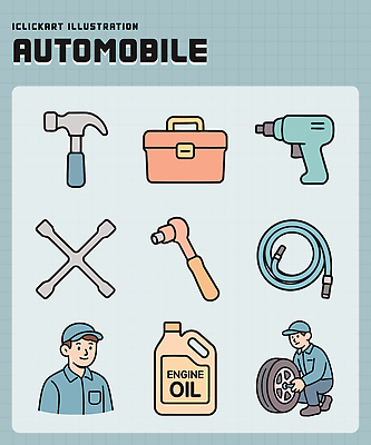 일러스트 자동차 기술 사람 기계 장비 도구 스패너 작업 수리 망치 서랍장 철물 호스 점검 차량점검 국내일러스트 AI파일 육상교통 가구 공구 파일형식 벡터