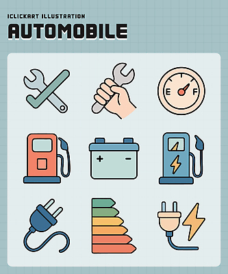 산업 일러스트 자동차 안전 기계 장비 전선 도구 스패너 플러그 전기에너지 건전지 연료 차량점검 충전소 국내일러스트 AI파일 육상교통 에너지 공구 점검 충전 파일형식 벡터