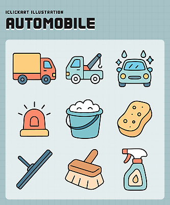 일러스트 자동차 물 운전 도구 붓 수리 청소 세제 양동이 세차 스펀지 경고등 차량점검 국내일러스트 AI파일 자연요소 육상교통 모션 점검 파일형식 벡터